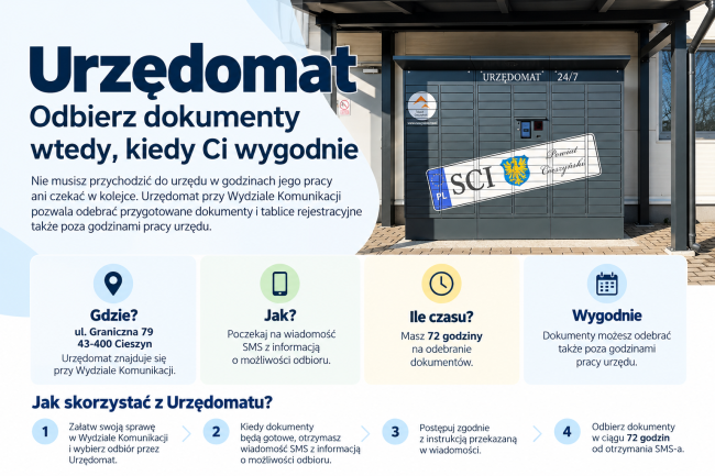 Infografika o Urzędomacie przy Wydziale Komunikacji Starostwa Powiatowego w Cieszynie. Pokazuje urządzenie przy ul. Granicznej 79 oraz informacje: odbiór dokumentów po otrzymaniu SMS-a, 72 godziny na odbiór i możliwość odbioru poza godzinami pracy urzędu. Grafika przedstawia także cztery kroki korzystania z Urzędomatu.