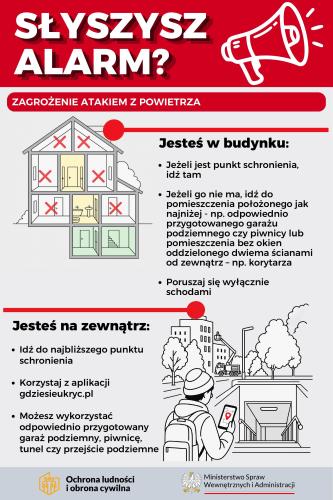 Infografika MSWiA „Słyszysz alarm? Zagrożenie atakiem z powietrza”: w budynku idź do punktu schronienia lub najniższego pomieszczenia bez okien i poruszaj się schodami; na zewnątrz szukaj najbliższego schronienia, korzystając z gdziesieukryc.pl lub odpowiednio przygotowanej piwnicy, garażu czy przejścia podziemnego.