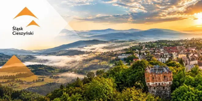 Kompozycja kilku zdjęć przedstawiających Śląsk Cieszyński panoramę Cieszyna, Beskid Śląski i Wieżę Piastowską, z logo Śląsk Cieszyński
